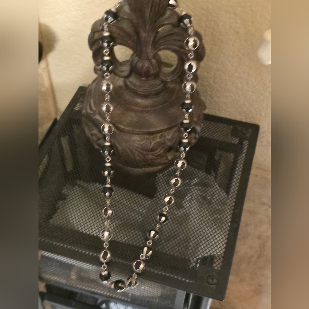 Vintage Sterling Silver and Black Onnx Necklace 26" Beaded Ball